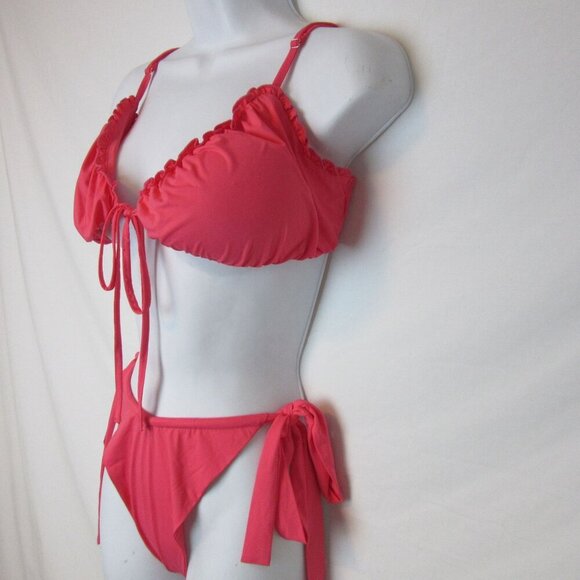 NEW Kittenish Coral Pink Bikini Swim Set Large Padded Tie Cheeky Adjustable - Picture 2 of 6